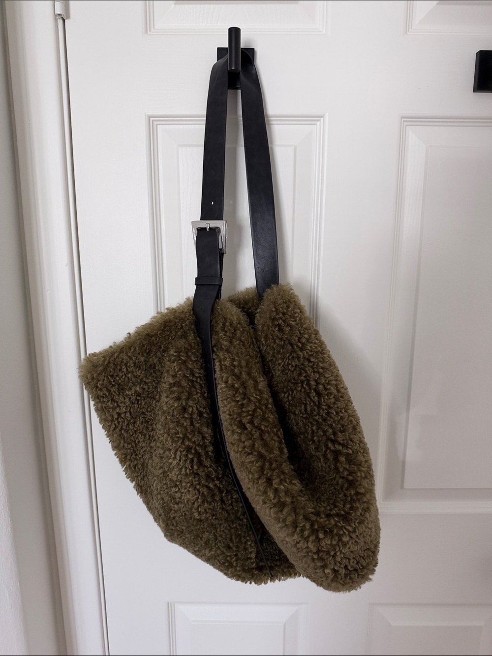 Apparis Olive Shearling Shoulder Bag with Black Strap